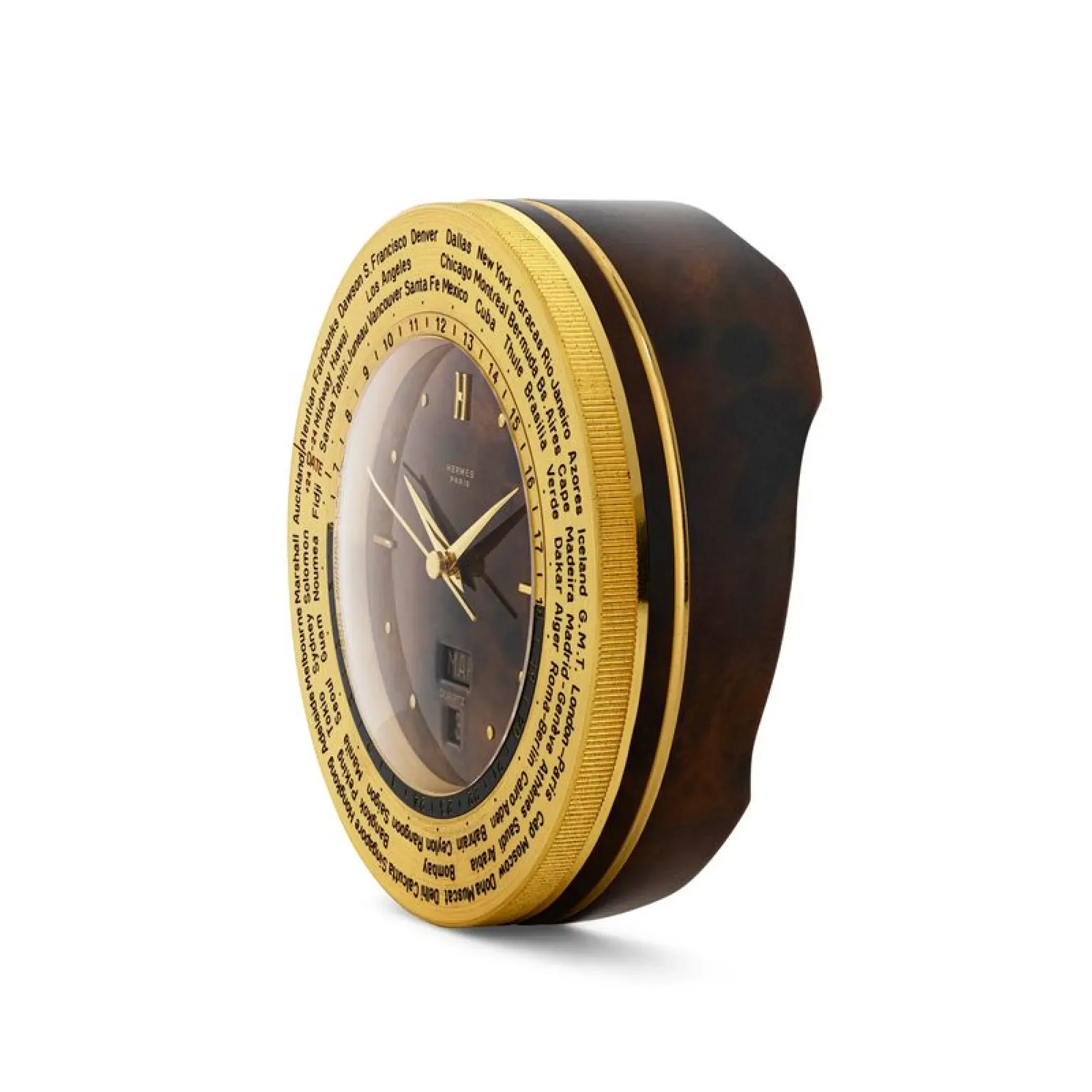Hermès Hermès · Pendulette Heure Universelle · World Time · Tortoiseshell Dial · Gilt · Full Set · 1970s - detail view